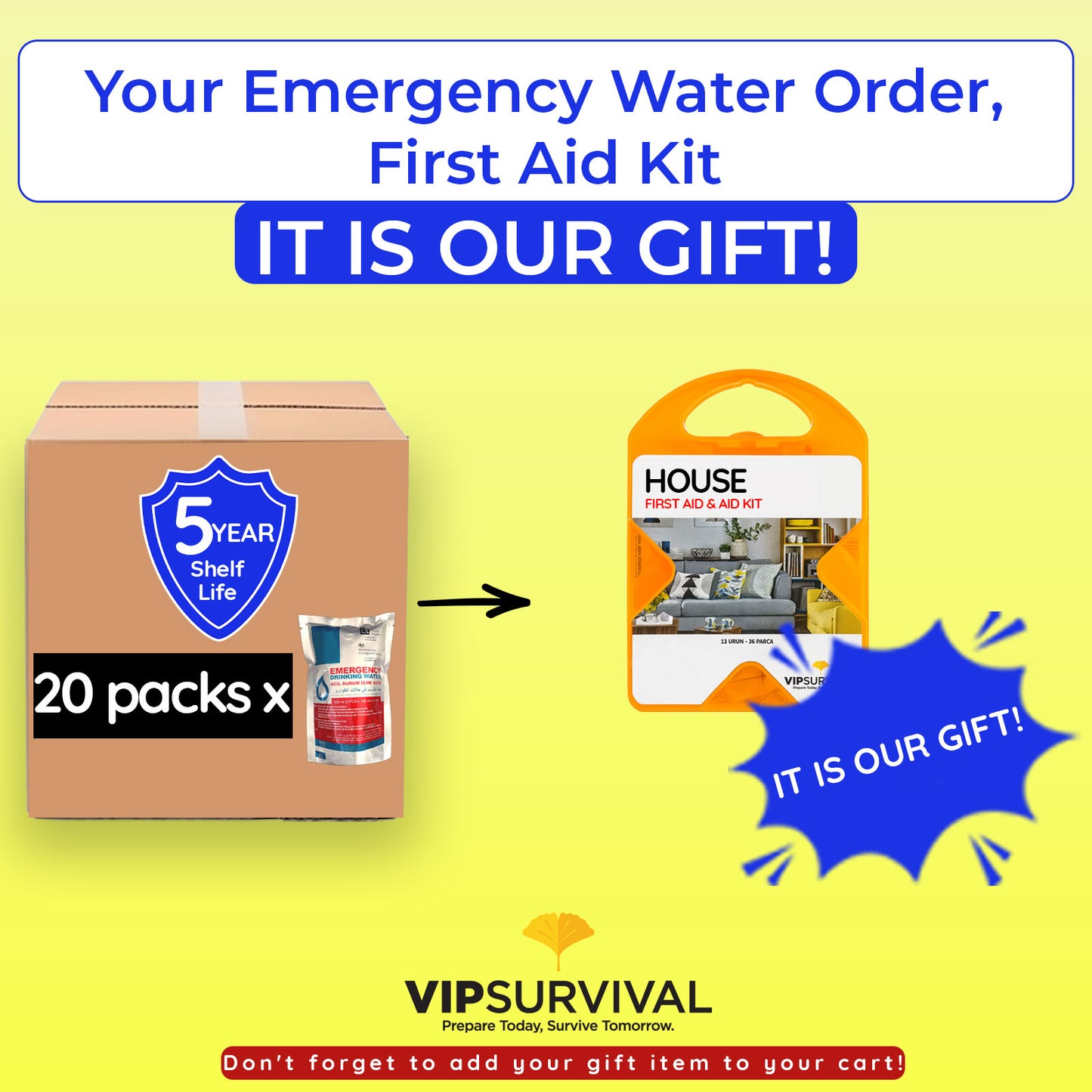 Emergency Water Kit (20 Packages) + Free Vipsurvival Home First Aid Kit